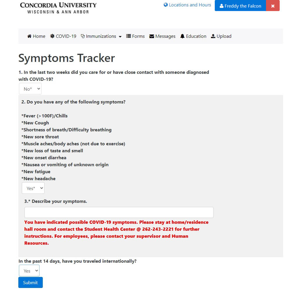 Screenshot of the Symptom tracker